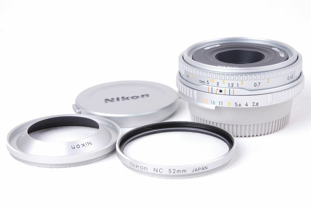 【美品】Nikon/ニコン Nikkor 45/2.8 P AI-Sマウント シルバーMFレンズ HN-35フード付