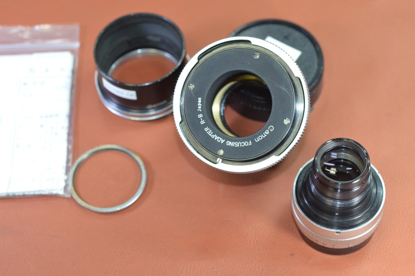 【希 少】Canon 100mm F3.5 整備済 純正フィルター、フード付 【Canon FOCUSING ADAPTER R-8付】
