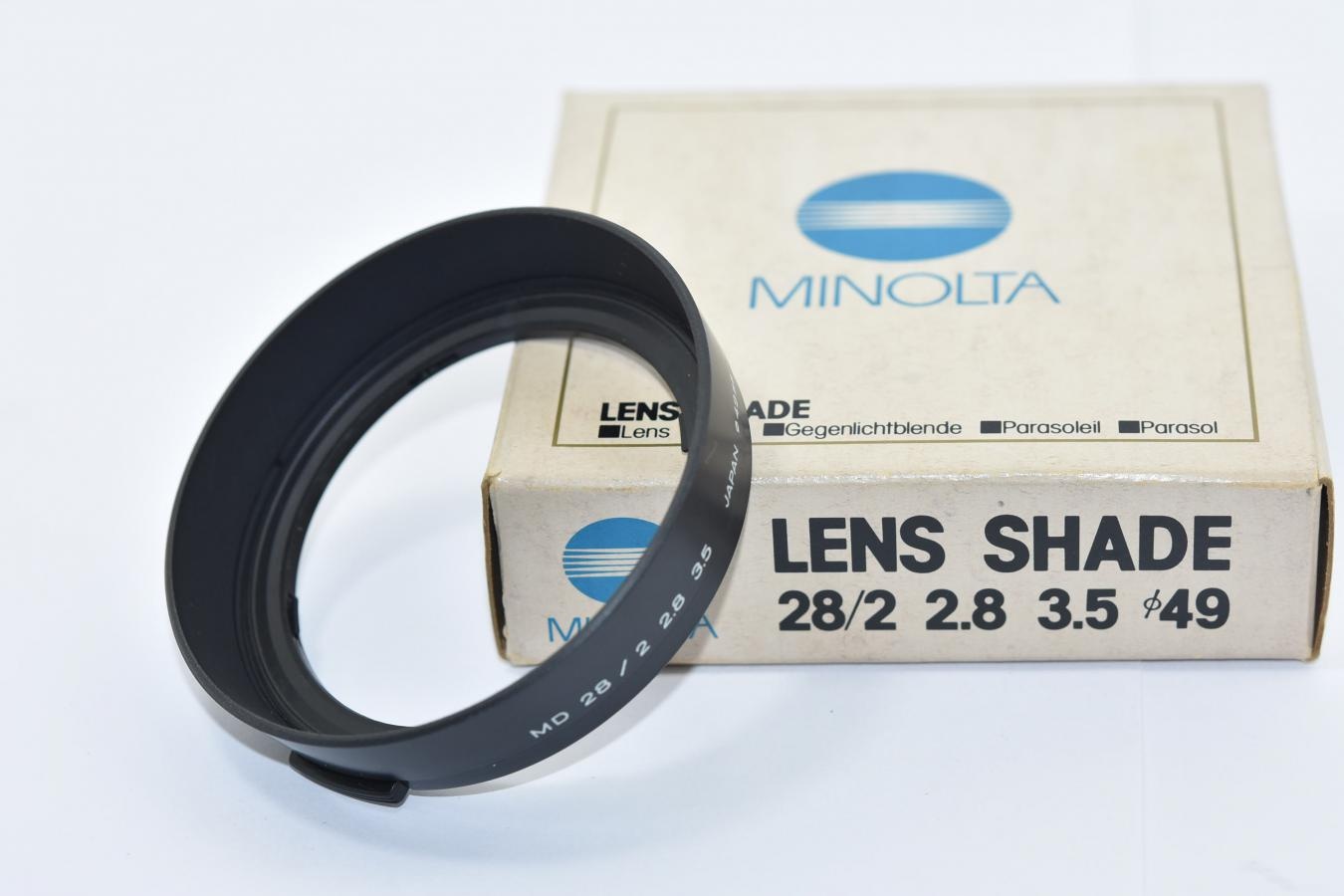 MINOLTA NEW MD 28/2、28/2.8、28/3.5用フード 【49mm口径フード 元箱付】