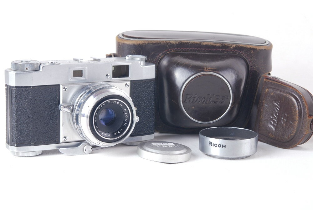 【良品】RICOH/リコー35 S RIKEN 45/2.8レンズ付 シルバー 革ケース、フード付