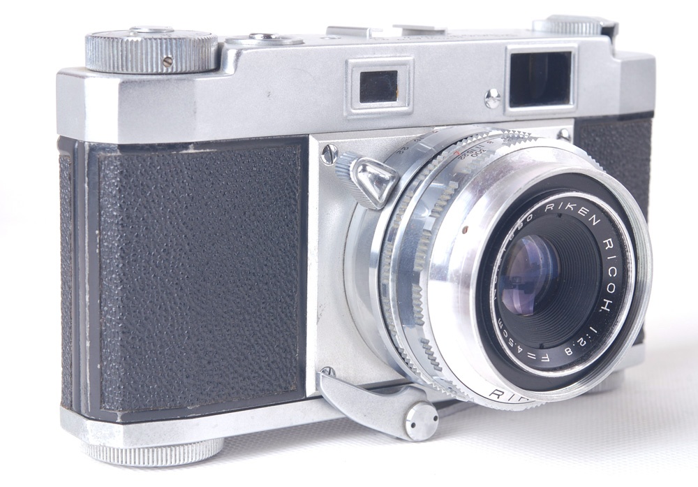 【良品】RICOH/リコー35 S RIKEN 45/2.8レンズ付 シルバー 革ケース、フード付
