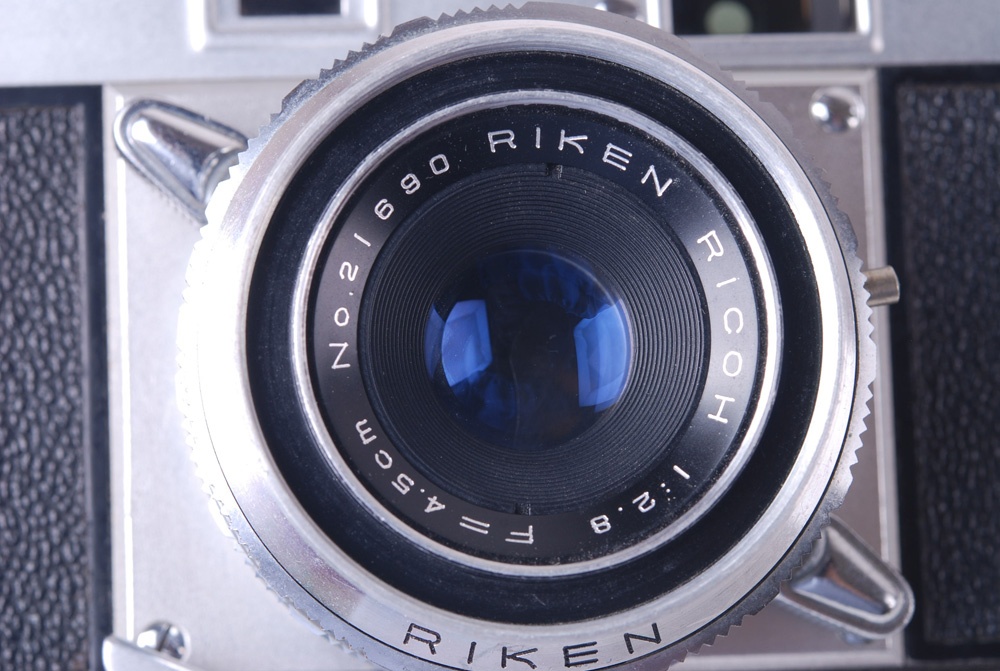 【良品】RICOH/リコー35 S RIKEN 45/2.8レンズ付 シルバー 革ケース、フード付