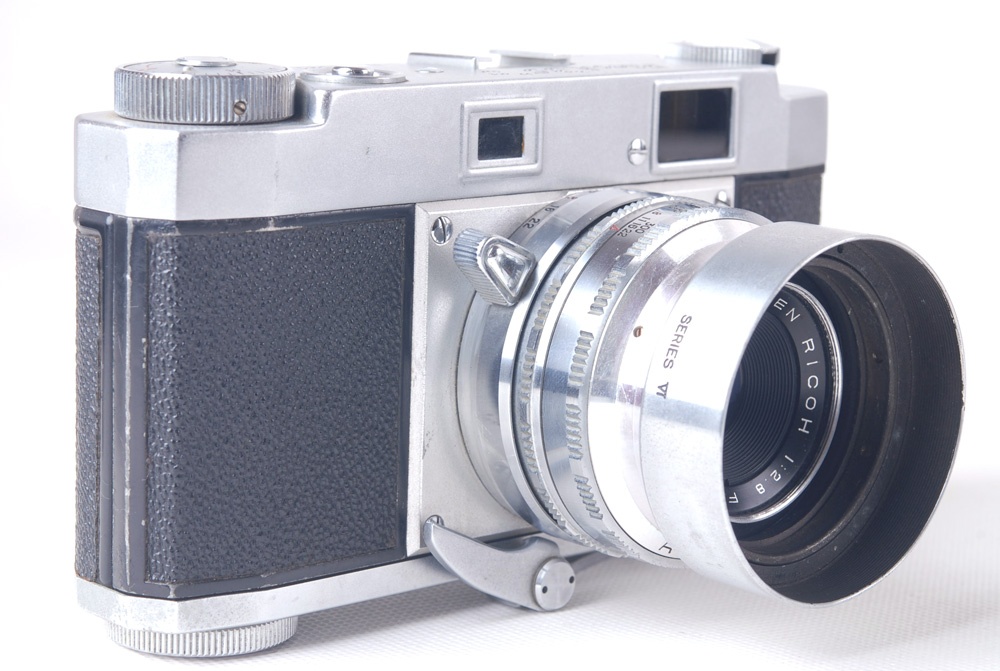 【良品】RICOH/リコー35 S RIKEN 45/2.8レンズ付 シルバー 革ケース、フード付