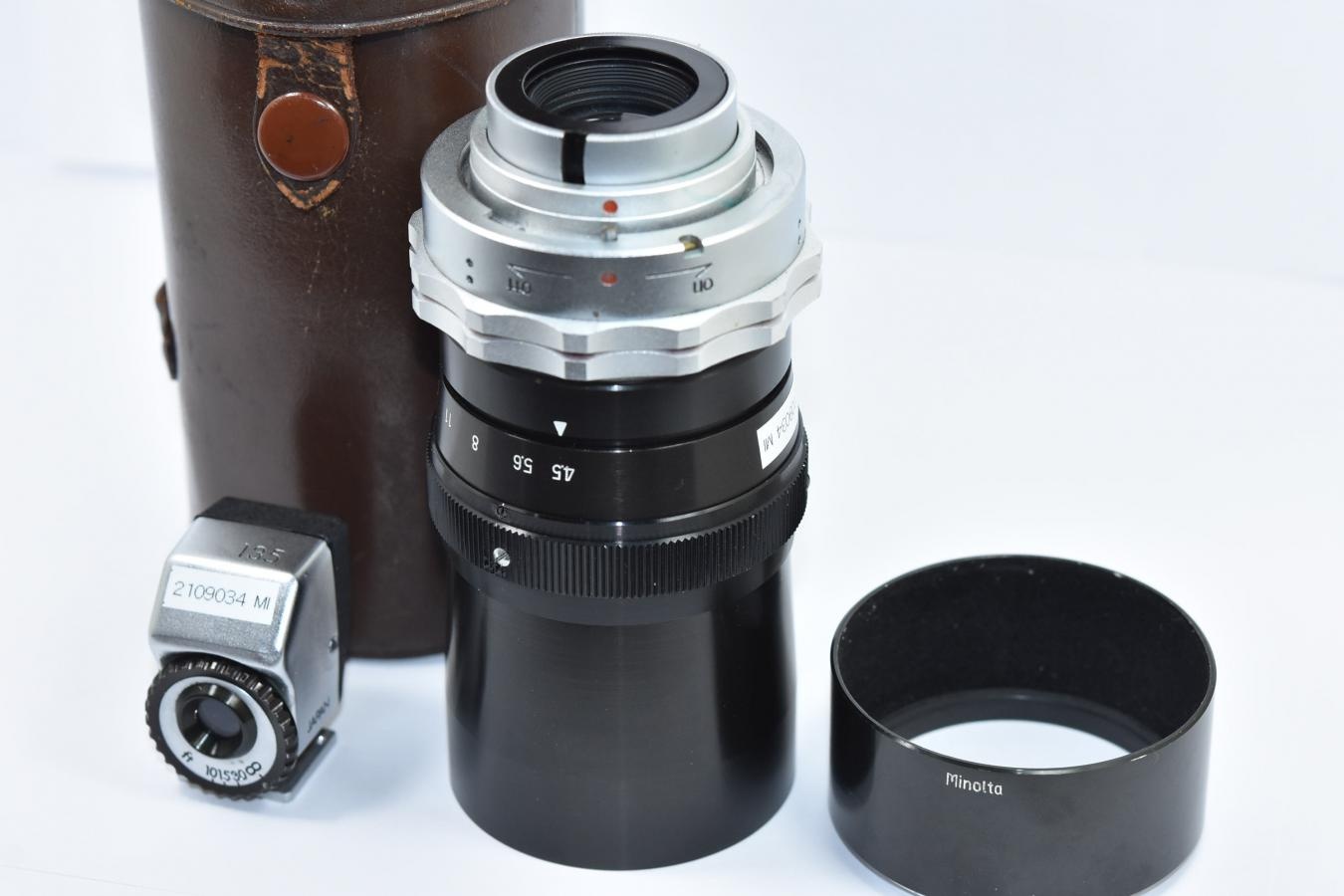 【希 少】CHIYODA KOGAKU TELE ROKKOR 13.5cm F4.5 純正専用ファインダー、フード、ケース付 【MINOLTA SUPER A用交換レンズ】