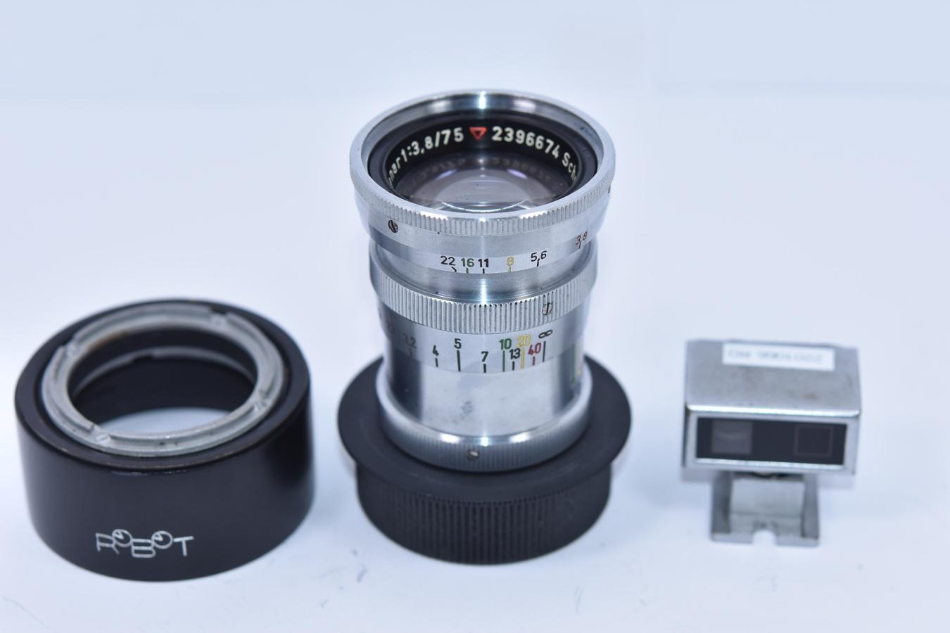 【希 少】Schneider-Kreuzach Tele-Xenar 75mm F3.8 純正フード、ファインダー付 【ROBOT→LEICA Lマウント変換アダプター付】