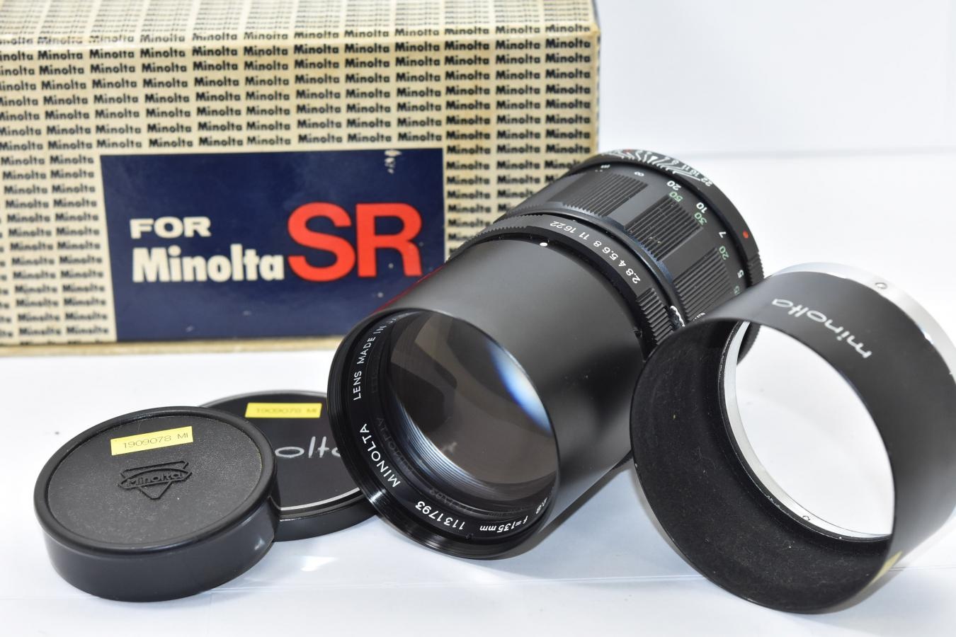 【コレクション向け】 MINOLTA AUTO TELE ROKKOR-PF 135mm F2.8 【純正フード、販売当時の愛用者カード、元箱付】